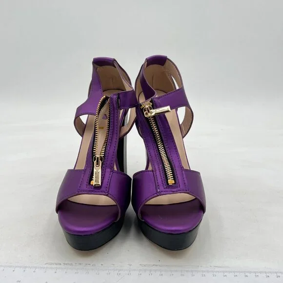 FSJ Purple Peep Open Toe T-Strap Front Zipper Chunky Stacked High Heel Sandal - Picture 3 of 8